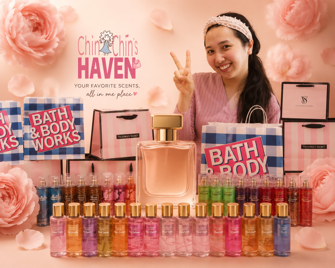 Branded perfume, body mist, and lotion arranged on a soft pink backdrop